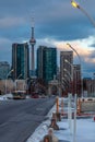 Exhibition district in modern metropolis city of Toronto, with epic view of famous CN tower in background
