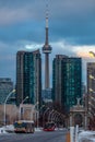 Exhibition district in modern metropolis city of Toronto, with epic view of famous CN tower in background