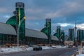 Exhibition district in modern metropolis city of Toronto, with epic view of famous CN tower in background