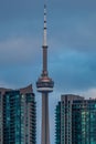 Exhibition district in modern metropolis city of Toronto, with epic view of famous CN tower in background