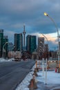 Exhibition district in modern metropolis city of Toronto, with epic view of famous CN tower in background