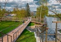 Exhibition of Economic Achievements, view of wooden walkways on the shore of the river Kamenka: Moscow, Russia - May 07, 2021