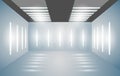 Exhibition empty 3D room with bright lighting. Presentation of cars, motorcycles, retro, valuables. Vector illustration.