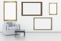 Exhibition, exhibition, empty frames in a living room. Royalty Free Stock Photo
