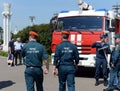 Exhibition of firefighting vehicles at the exhibition center in Moscow.