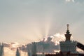 Exhibition fountain VDNH Moscow against the background of the rays of the sun behind the clouds Royalty Free Stock Photo