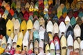An exhibition of multicolored Moroccan shoes