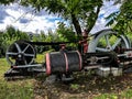 An exhibition of old steam engines on the square next to the historic stebra mine in Tarnowskie GÃÂ³ry. A steam engine driving a