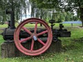 An exhibition of old steam engines on the square next to the historic stebra mine in Tarnowskie GÃÂ³ry. Piston steam engine