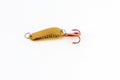 Exhibition of pirated copies of fishing metal spoon baits. Royalty Free Stock Photo