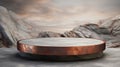 Exhibition podium for a variety of goods in Rust and Silver colors against a rock background