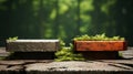 Exhibition podium for a variety of goods in Rust and Silver colors against a rock background AI Generated