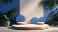 Exhibition podium for a variety of goods in Wite, Azure, blue colors against a tropical background AI Generated