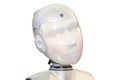 Exhibition of Robotics. Stylish handsome cyborg head / Robot Assistant with Information screen