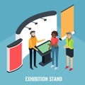 Exhibition scene with sales promoter and customer characters, vector isometric illustration. Trade show booth, stand.