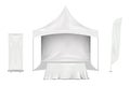 Exhibition set. Blank white gazebo canopy tent, table covered with tablecloth, feather flag, roll-up retractable banner stand Royalty Free Stock Photo