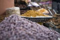 Exhibition in a street store in Beni Mellal (Morocco) where they sell dried fruits Royalty Free Stock Photo