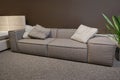 Exhibition of upholstered furniture with different quality and texture fabrics in the showroom- sofas, beds, settees. Beautiful