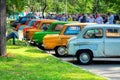 Exhibition of vintage cars and motorcycles in Sokolniki Park . Soviet car Zaporozhets with air -cooled engine. Lots of cars and