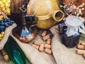 Exhibition at the winery: jugs for wine, bottles, corks. Still life Royalty Free Stock Photo