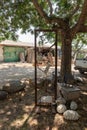 Exhibits made from stone and iron, made by craftsmen living in Kibbutz En Carmel, in northern Israel