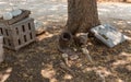 Exhibits made from stone and iron, made by craftsmen living in Kibbutz En Carmel, in northern Israel