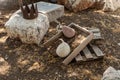 Exhibits made from stone and iron, made by craftsmen living in Kibbutz En Carmel, in northern Israel