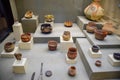 Exhibits of museum of antiquities of Antalya, pottery and bones in the form of exhibits of the museum