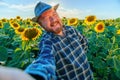 exhilaration smiling senior handsome man farmer visiting sunflower field and taking photo selfie