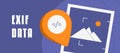 EXIF data banner illustration highlighting image metadata, camera settings, and photo details like date, time, exposure