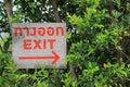 Exit with arrow sign on wood board against green leaf wall background Royalty Free Stock Photo