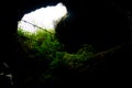 Exit of a cave covered by plants, against the sky Royalty Free Stock Photo