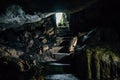 Exit from cave with stone steps Royalty Free Stock Photo