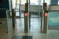 An exit counter to airplanes at the airport. Closed, red signal. Airport equipment. Organization of passenger traffic