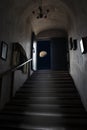 Exit dungeon upstairs overlooking starry sky and moon Royalty Free Stock Photo