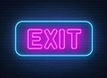 Exit neon sign on brick wall background.