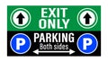 Exit only, parking both sides. Two green and blue road sign assembled together for large parking lots. Royalty Free Stock Photo