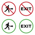 Exit Prohibited. Allowed Way Emergency Escape Green Sign. Evacuation in Building Black Silhouette Icon Set. Forbidden