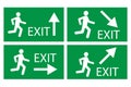 Exit sign with arrow up, right, down on green background. Safety notice emblem. Vector illustration. Stock image.