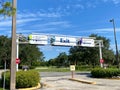 The exit sign in the parking lot at SeaWorld in Orlando, Florida