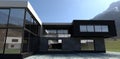 Exit to the courtyard of a modern advanced house. Beautiful gray paving stones. Mountains in the background. 3d rendering