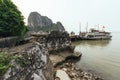 Exit way of Thien Cung Cave that made by stone and lead to tourist cruise in summer at Ha Long Bay in Quang Ninh, Vietnam