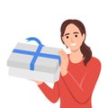 Exited happy cheerful young woman get open gift box simple korean style illustration