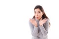 Exited, happy, smiling, joyful woman wearing grey sweater