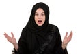 Exited, surprised muslim woman with hijab or head scarf isolated on white