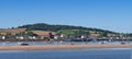 EXMOUTH, DEVON, UK - SEPTEMBER 20, 2019: River Exe estuary at low tide with sandbanks, view to Starcross Engine House