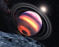 Exo planet with lava stripes and rings in outer space, view from its moon. Royalty Free Stock Photo