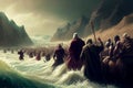 Exodus of the bible, Moses crossing the Red Sea with the Israelites, escape from the Egyptians, illustration