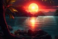 exoplanet: alien sunset with dual suns and colorful atmospheric effects