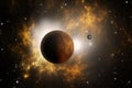 Exoplanet and extrasolar moon in outer space